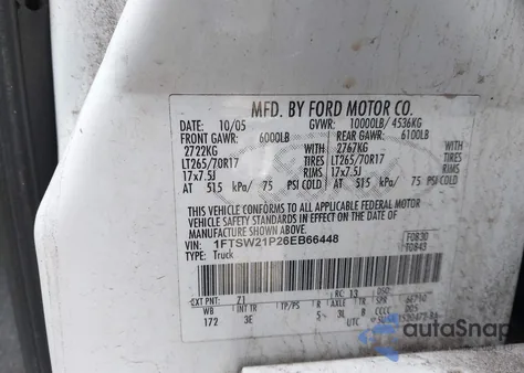 2006 Ford F-250 Lariat/Xl/Xlt z USA, uszkodzony, nr VIN 1FTSW21P26EB66448